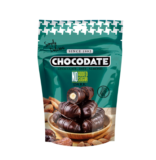 CHOCODATE DARK – DATTERI RIPIENI DI MANDORLA RICOPERTI DI CIOCCOLATO FONDENTE – NO ADDED SUGAR – GLUTEN FREE 90G