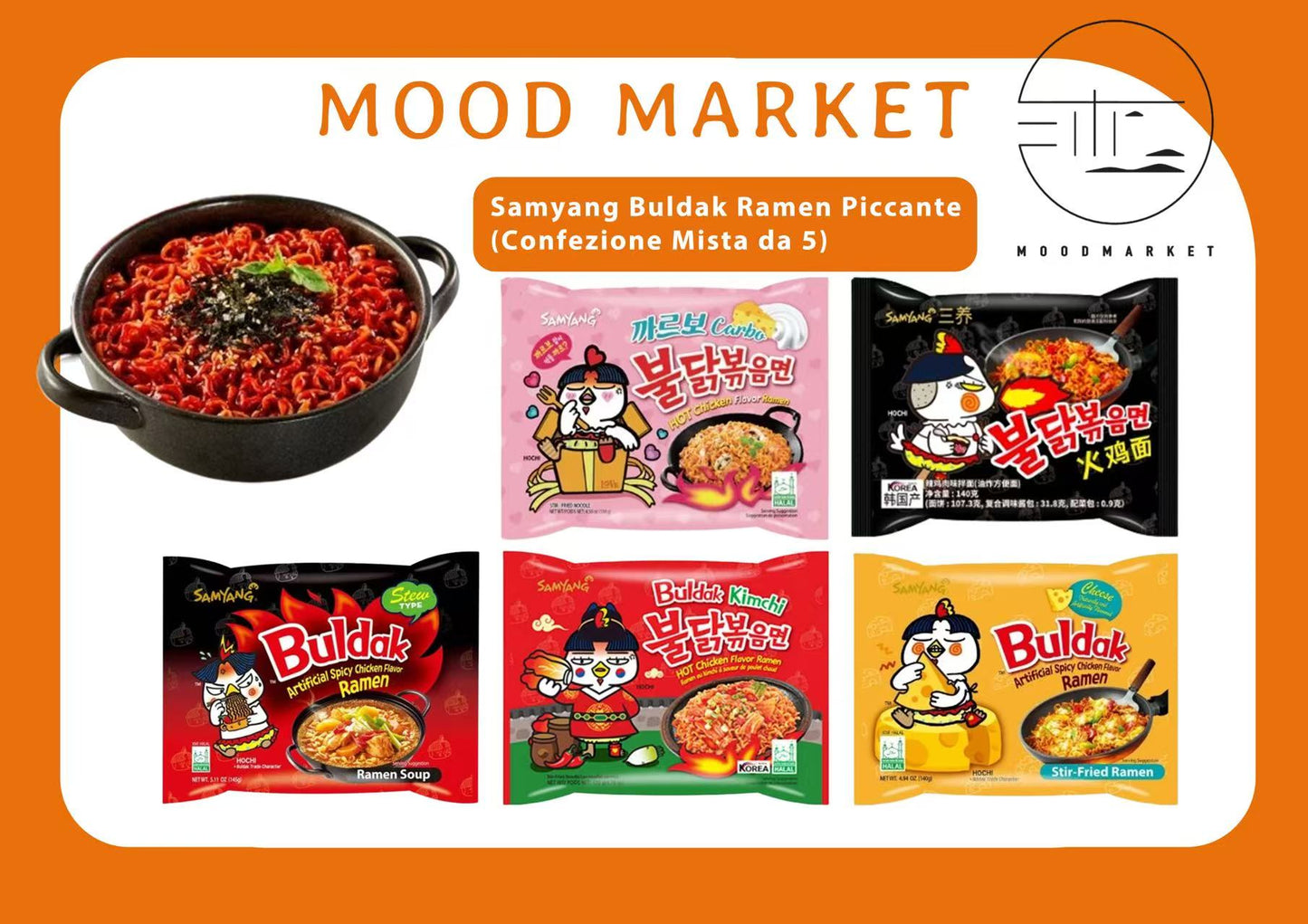 5 CONFEZIONI MISTE RAMEN BULDAK CHEESE, CARBONARA, KIMCHI, HOT CHICKEN, STEW TYPE 5X140G