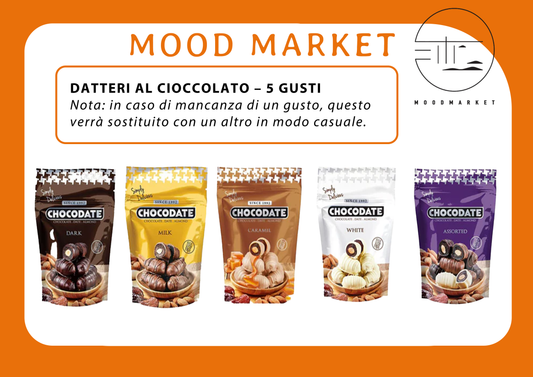 DATTERI RICOPERTI DI CIOCCOLATO ASSORTITI – 5 GUSTI A RANDOM