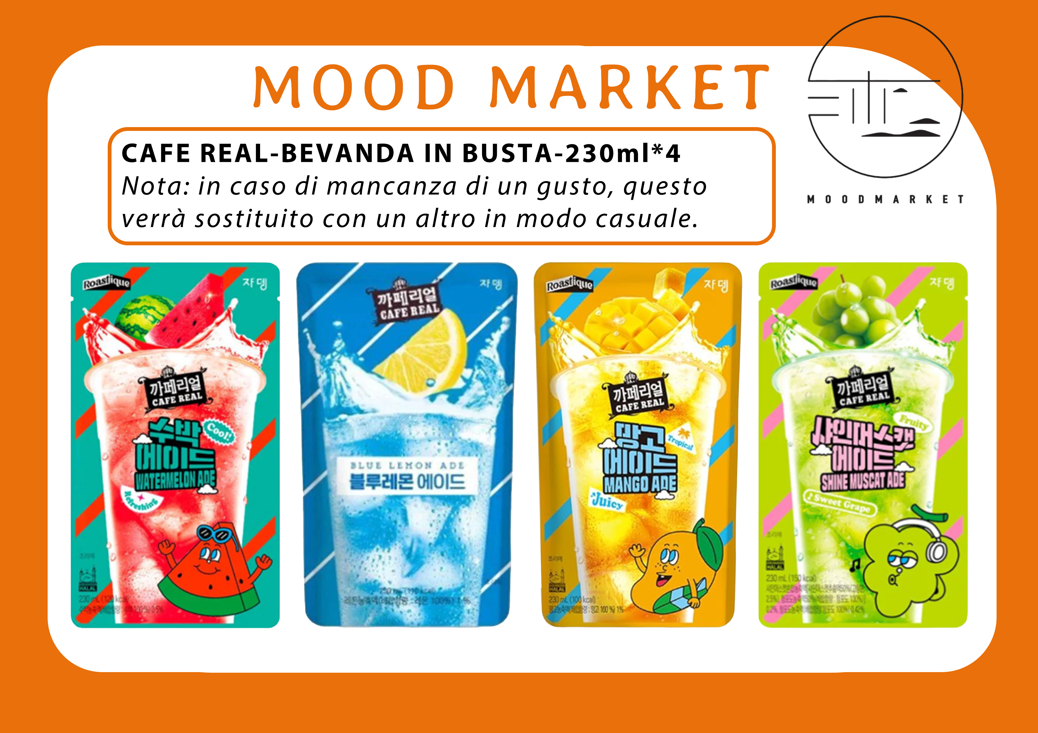 CAFE REAL BEVANDA IN BUSTA ASSORTITA 230ML X 4 – WATERMELON ADE, BLUE LEMON ADE, MANGO ADE E SHINE MUSCAT ADE