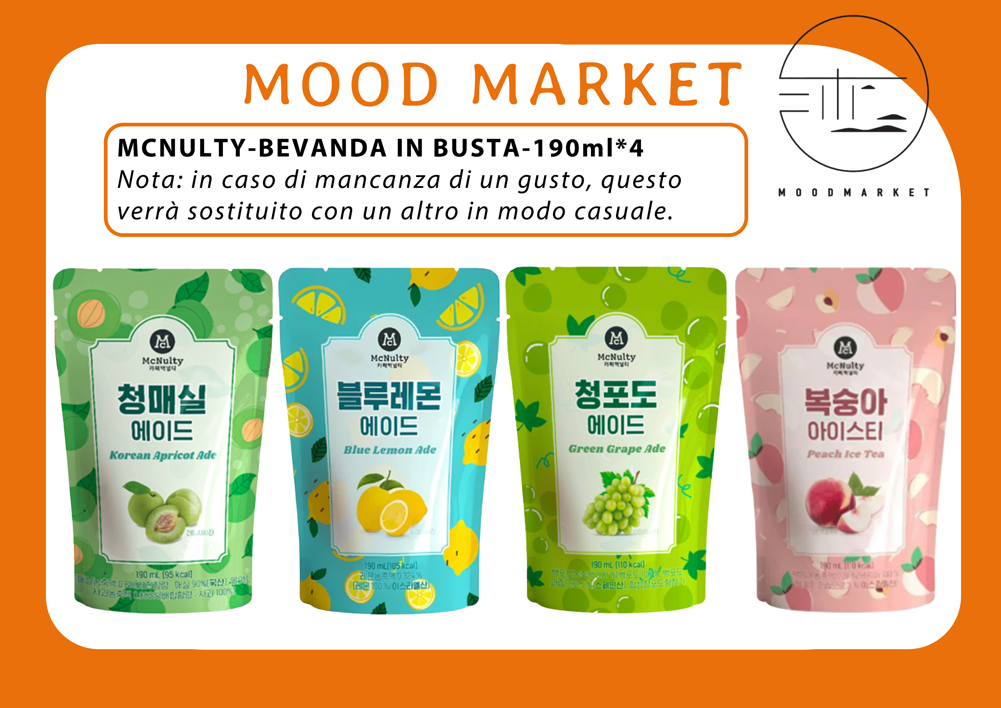 MCNULTY BEVANDA IN BUSTA ASSORTITA 190ML x 4 – DRINK COREANO AI GUSTI FRUTTATI (ALBICOCCA COREANA, LIMONE BLU, UVA VERDE, TÈ FREDDO ALLA PESCA)