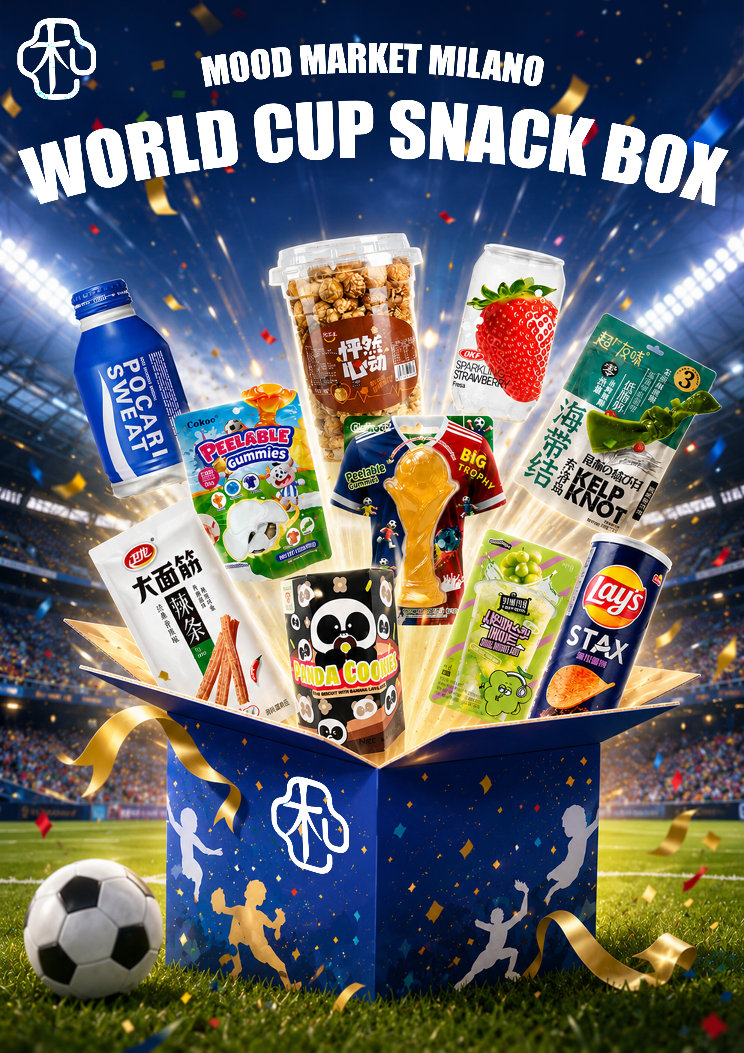 WORLD CUP SNACK BOX MOOD MARKET MILANO – BOX REGALO CON SNACK E BEVANDE ASIATICHE ASSORTITE A TEMA CALCIO