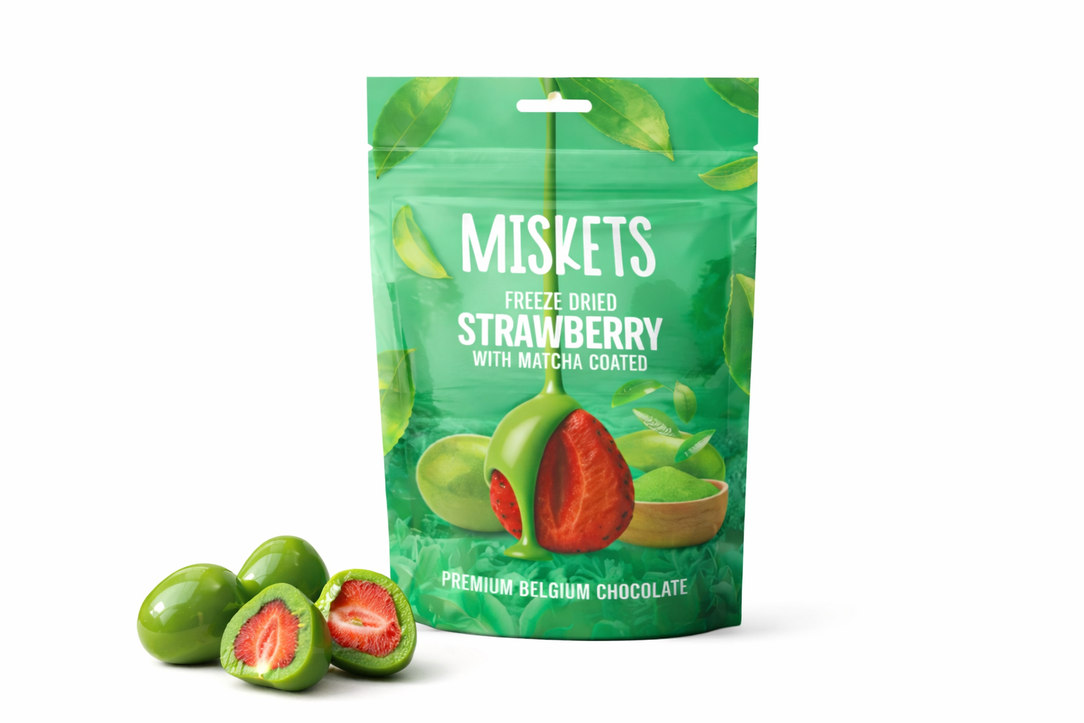 MISKETS FRAGOLE LIOFILIZZATE AL MATCHA – SNACK AL CIOCCOLATO BELGA 80G