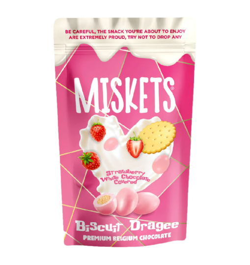 MISKETS – BISCOTTI DRAGÉE RICOPERTI DI CIOCCOLATO BIANCO ALLA FRAGOLA – 80G
