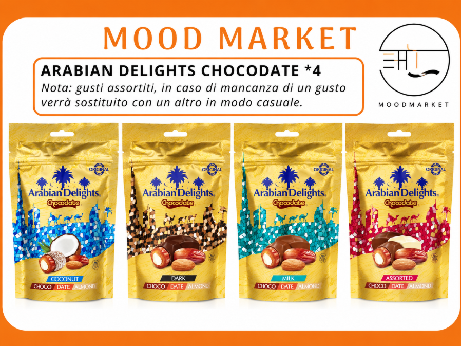 Datteri ripieni di mandorla ricoperti di cioccolato arabian delights 90g x 4 Mood Market