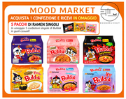 Ramen buldak piccante stew, carbonara, pollo fritto, quattro formaggi, rose, swicy 5x140g – acquista 6 e ricevi 5 pacchetti singoli in omaggio Mood Market