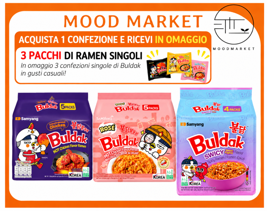 Samyang buldak assortiti – hot chicken, rosé e swicy – acquista 3 e ricevi 3 singoli in omaggio Mood Market